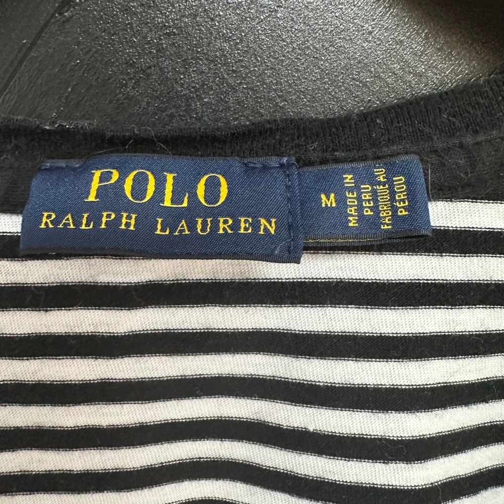 Polo Ralph Lauren Striped V-Neck T-Shirt Black White Pony Logo Womens M Preppy - Picture 2 of 6